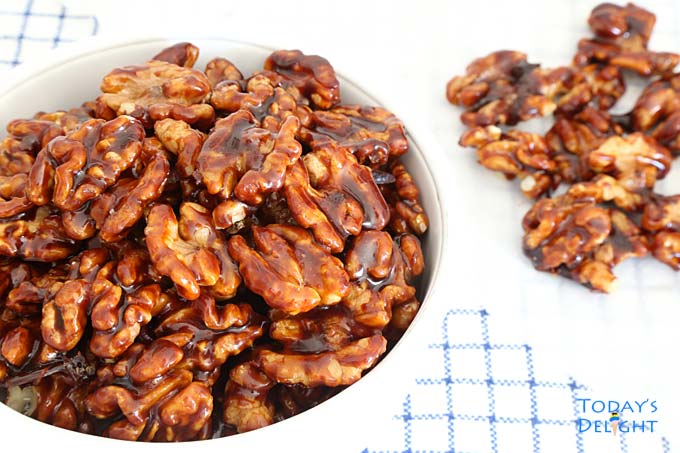 Crunchy Butter Brown Sugar Candied Walnuts in a bowl.