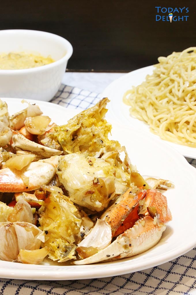 Garlic Butter Dungeness Crab served with Garlic Butter Pasta & Sauteed Crab Butter.