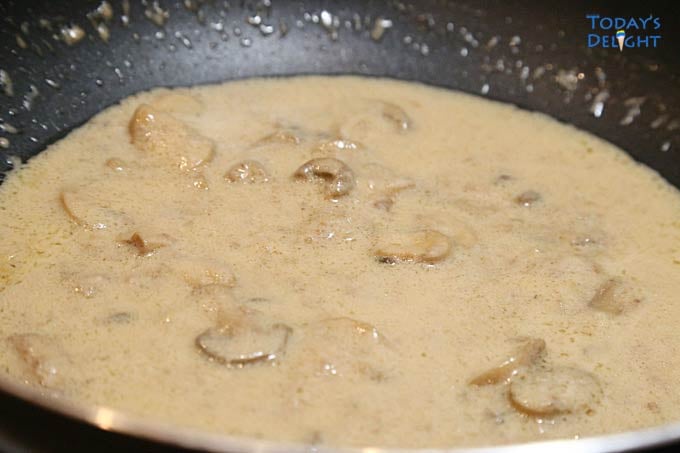 Thicken sauce in pan.