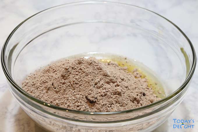 Ingredients in a bowl to brownie.