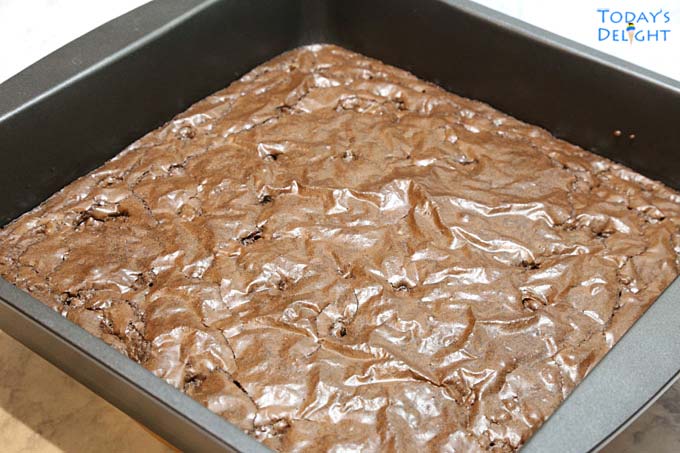 Baked brownie in pan.