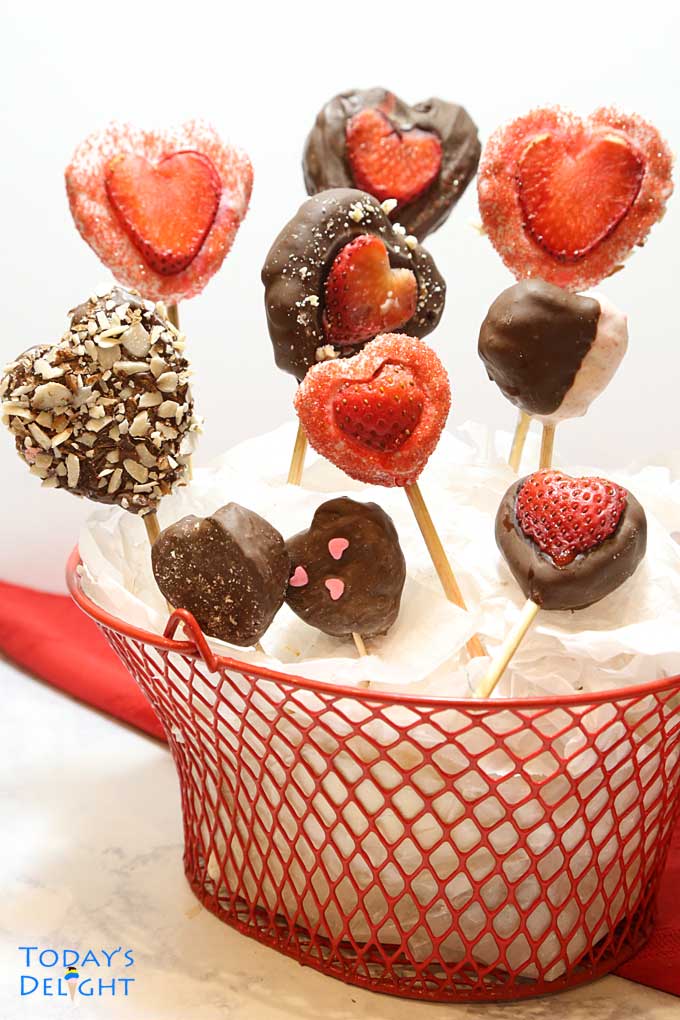 Heart Shaped Brownie Cake Pops in a red basket.