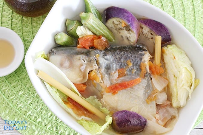 Bangus tamarind soup with okra, eggplant & cabbage.