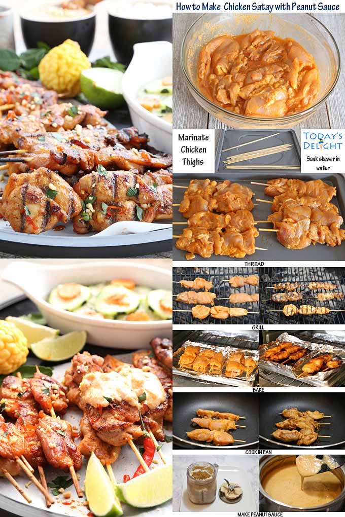 Steps to make Thai chicken satay and Thai peanut sauce. Images showing marinated chicken are grilled, baked and cooked in a pan. Two images of plated chicken satay on a platter with lime wedges and kaffir fruit, peanut sauce and cucumber salad.