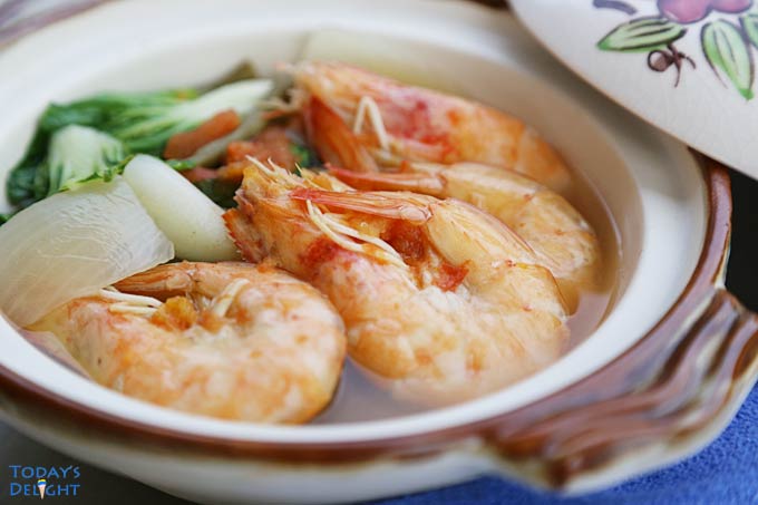 Sinigang na Hipon, shrimp in sour soup with vegetables.