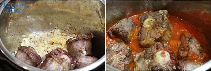 Oxtail in tomato sauce, onion and garlic.