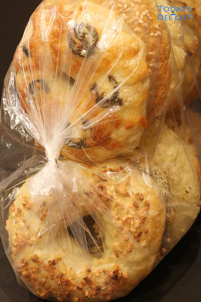 New York Style Bagels in plastic bag.