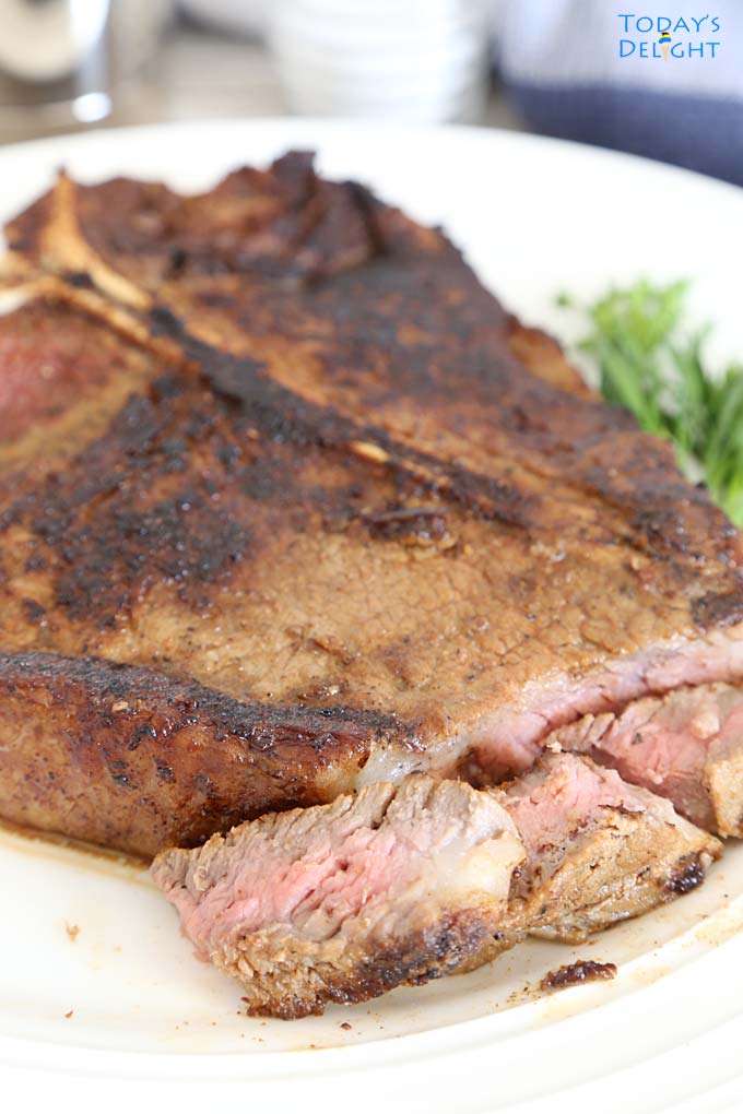 Moist, juicy, tender pan-fried T-bone steak.