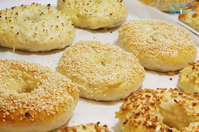 Flavored bagels with different toppings.