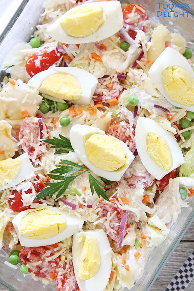 Tuna Egg Cheese tortellini Lettuce Salad is Today's Delight.