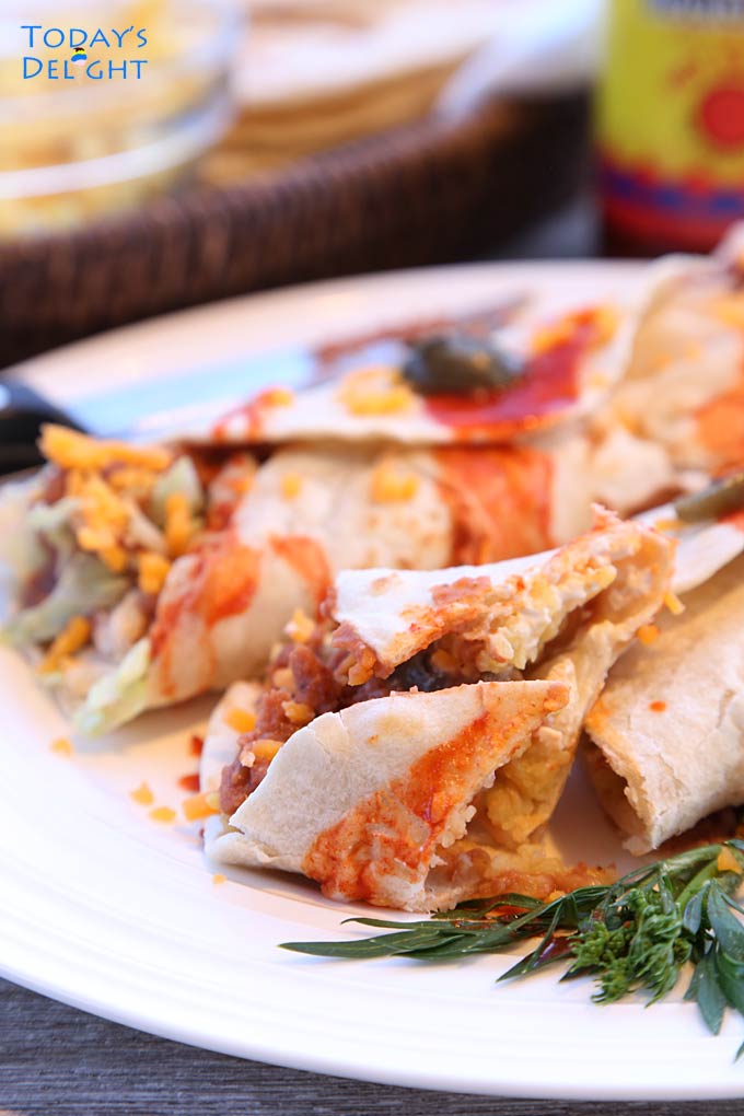 Cheesy, bean, rice burritos.