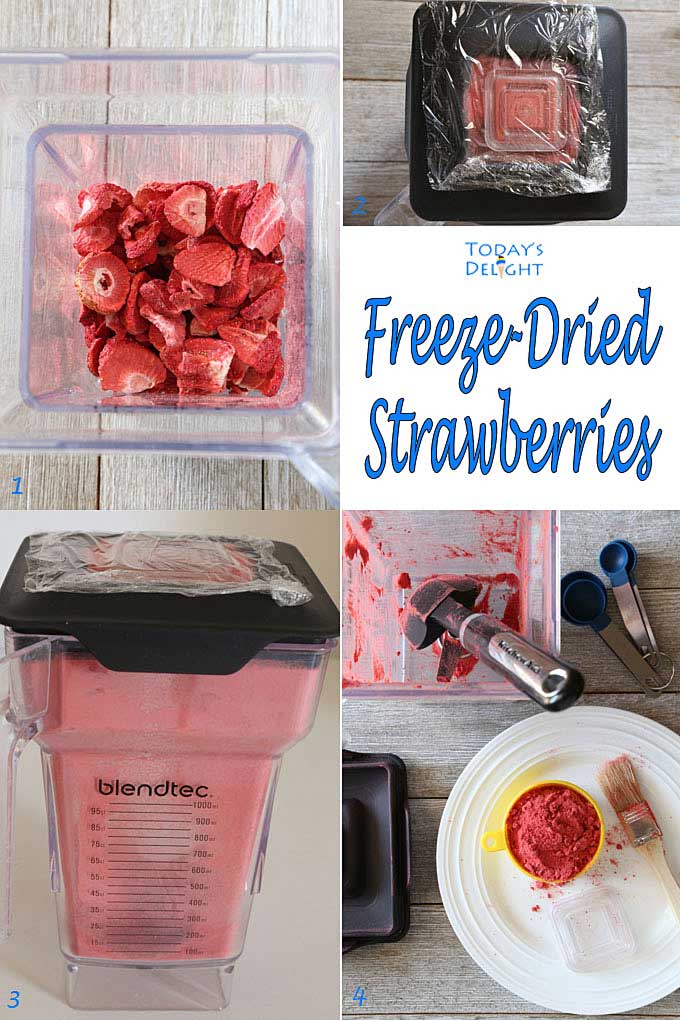Diagram on how to powder freeze-dried strawberries.