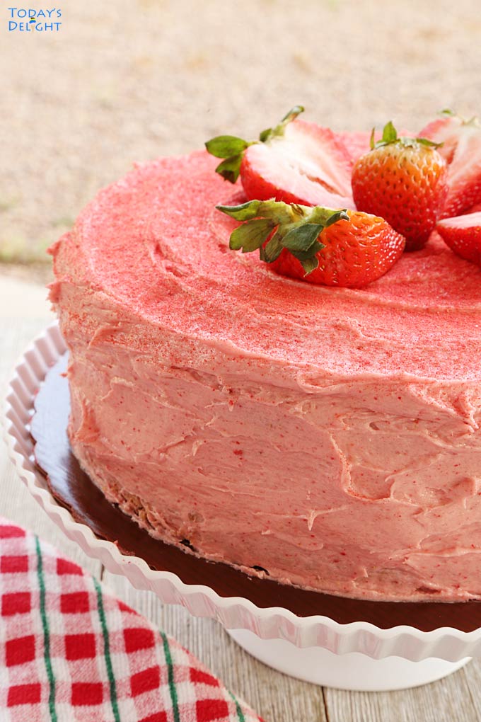 Fresh Strawberry Cake with Freeze-Dried Strawberry Buttercream is Today's Delight.