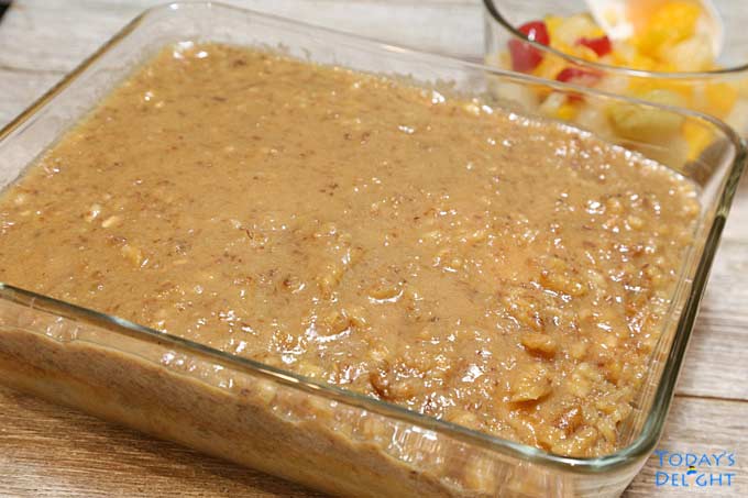Baked cake in glass pan.