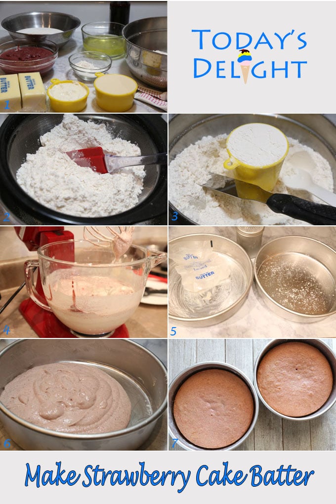 Diagram on how to make the strawberry cake batter.