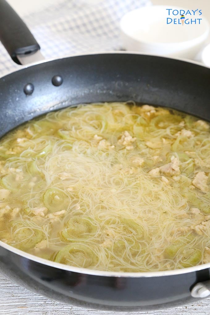 Filipino Misua at Patola Soup in a skillet.