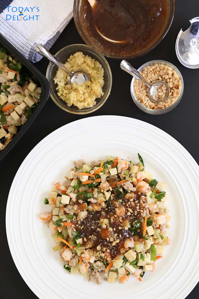 Plated Tofu Veggie Stir-Fry in Peanut Garlic Brown Sauce.