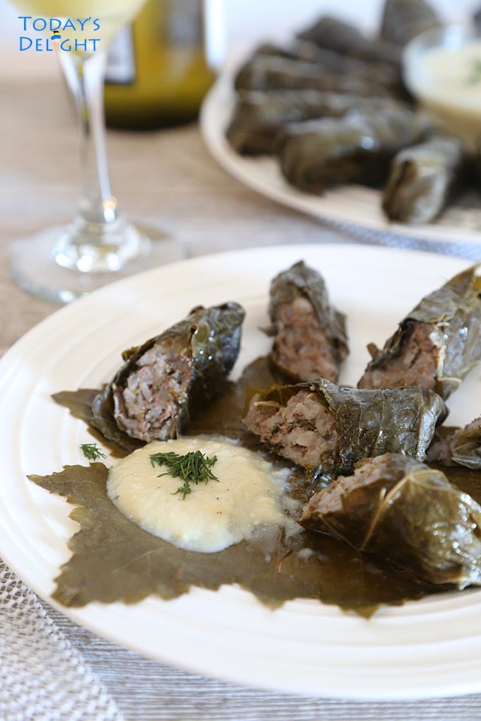 Plated dolma with sauce and wine.
