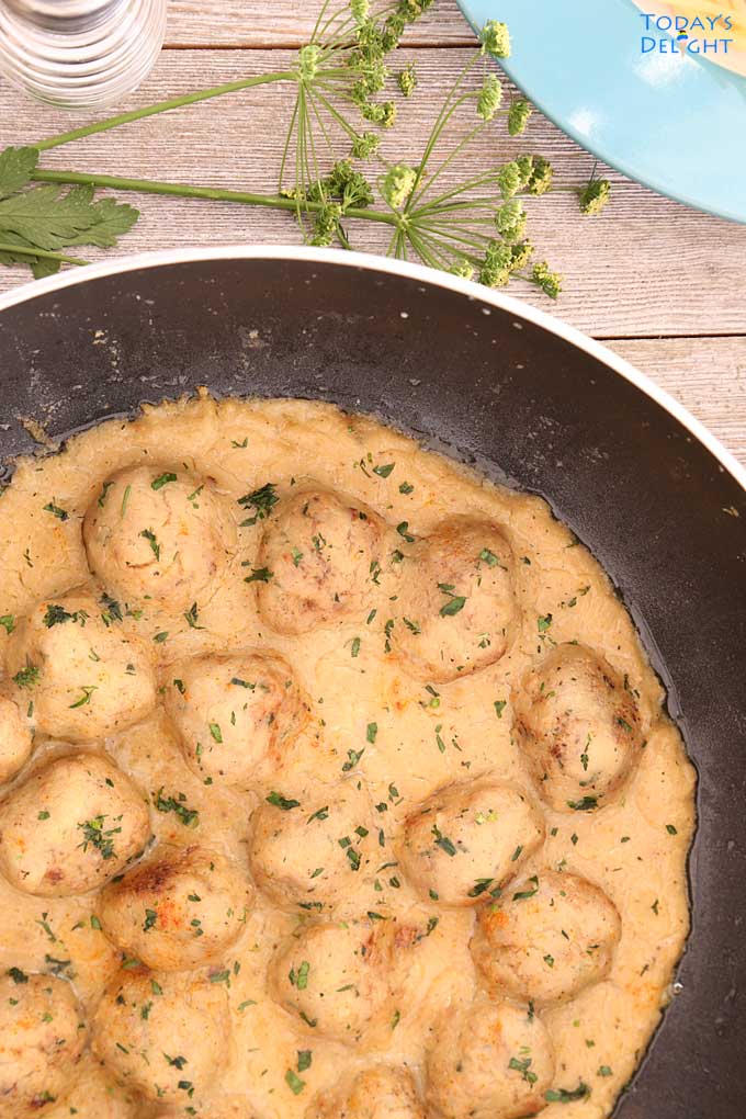 Swedish Meatballs in creamy sauce in skillet.