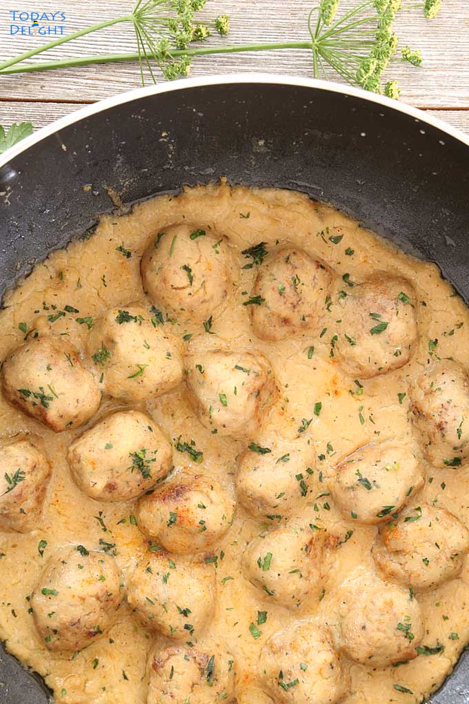 Cooked Swedish Meatballs in skillet.
