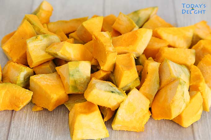 Peeled and sliced kabocha squash.