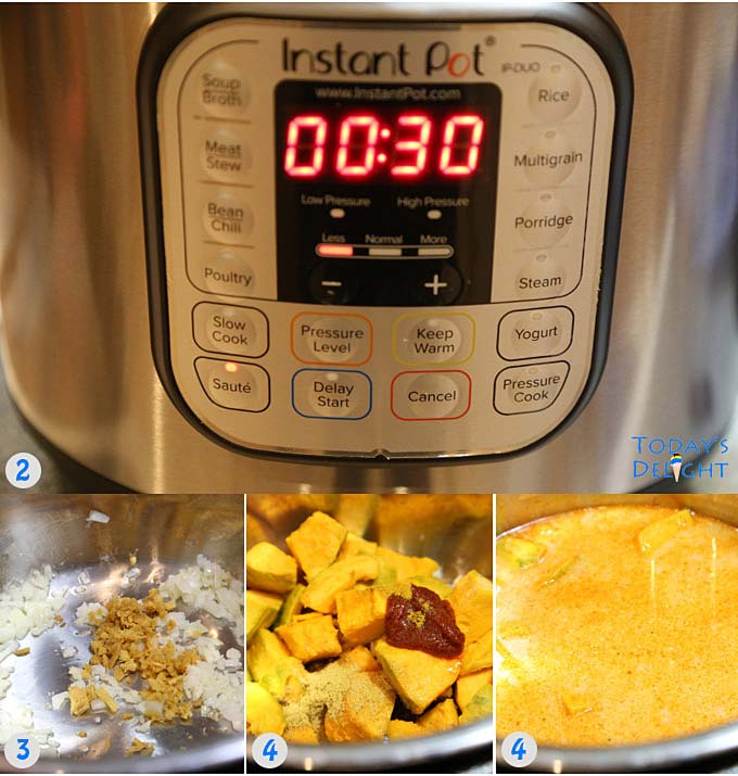 Diagram #2-#4 showing an instant pot and sauteing the ingredients in the instant pot.