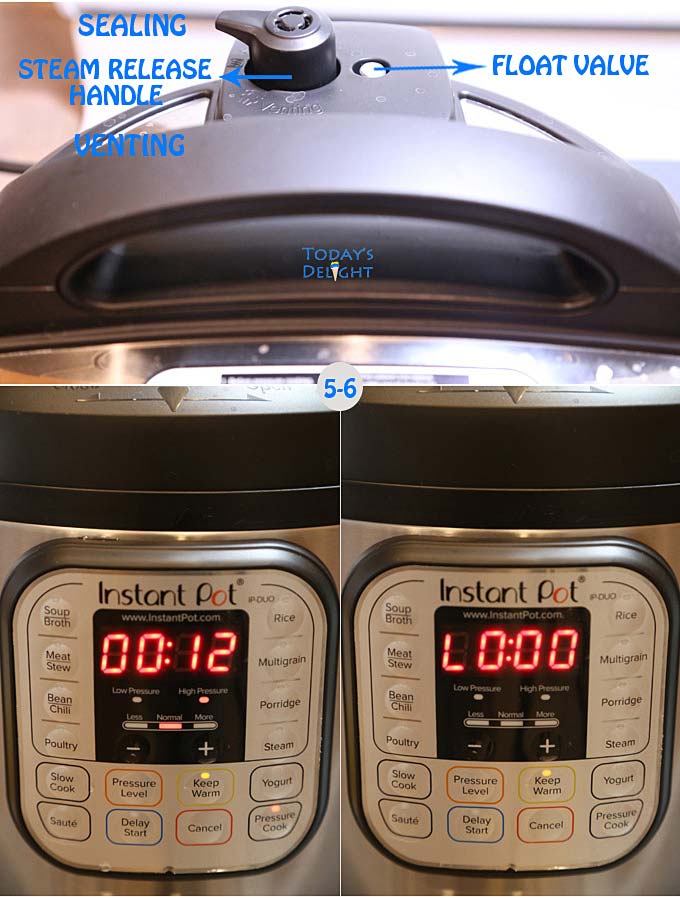 Press pressure is set for 12 minutes and another image of instant pot once it is done showing L0:00. Diagram also shows the steam release setting of sealing and venting and the float valve.
