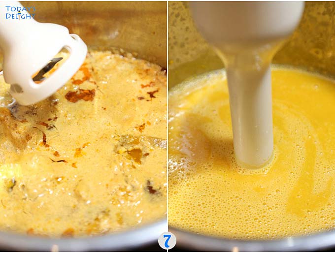 Two images showing an immersion hand blender to puree the kabocha soup.