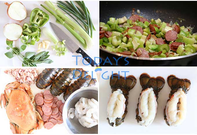 Seafood gumbo ingredients.