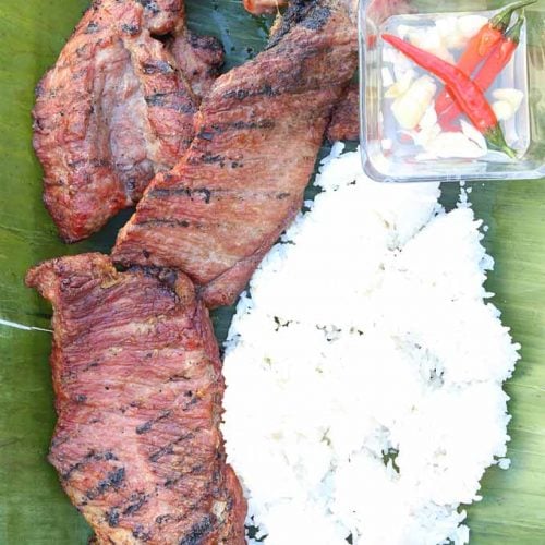 Grilled pork with rice and dip.