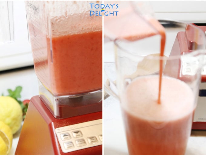 Diagram of strawberries and lemon juice in a blender to make the strawberry lemonade drink then poured in a pitcher.