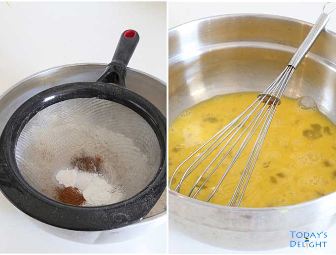 Dry and wet ingredients in separable bowls before mixing zucchini bread.