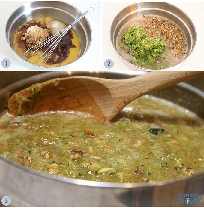 Wet ingredients mixed then grated zucchini is added and mixed to combine.