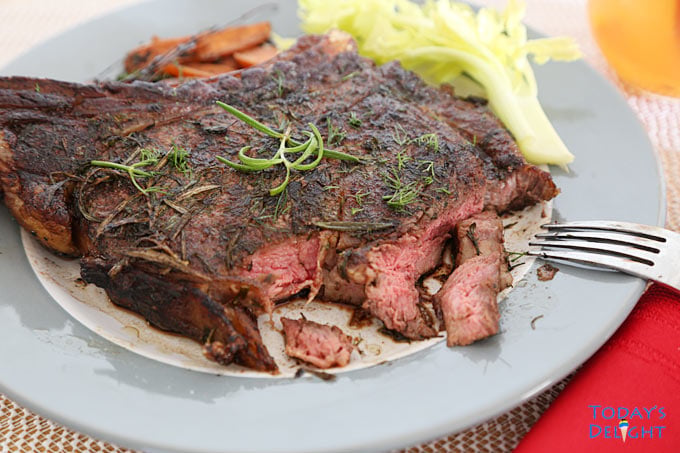 Ribeye steak cooked medium.