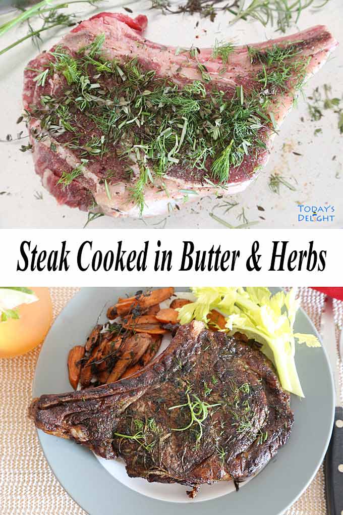 Raw & cooked ribeye steak.