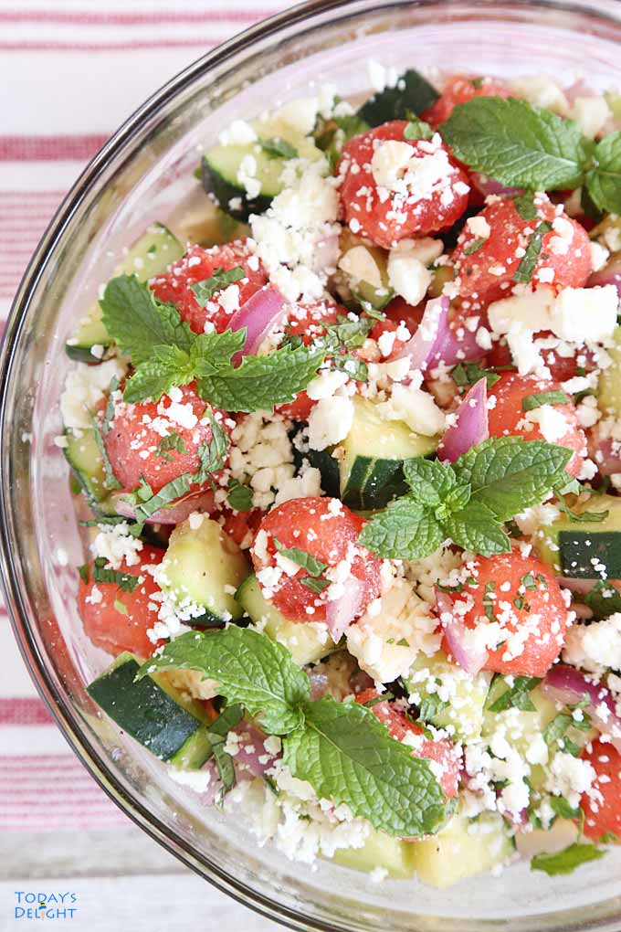 Refreshing Watermelon Cucumber Feta Salad is Today's Delight.