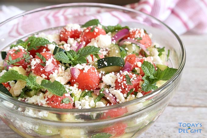 Watermelon Cucumber Feta Salad is delicious.