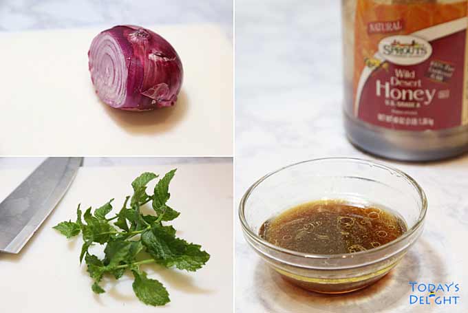 Red onion, mint leaves and honey mixture for salad.