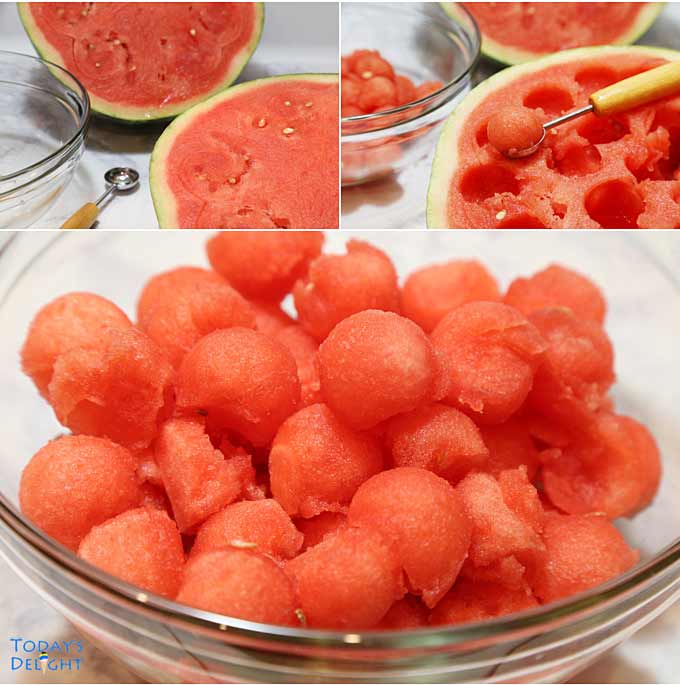 Watermelon balls in a salad bowl.