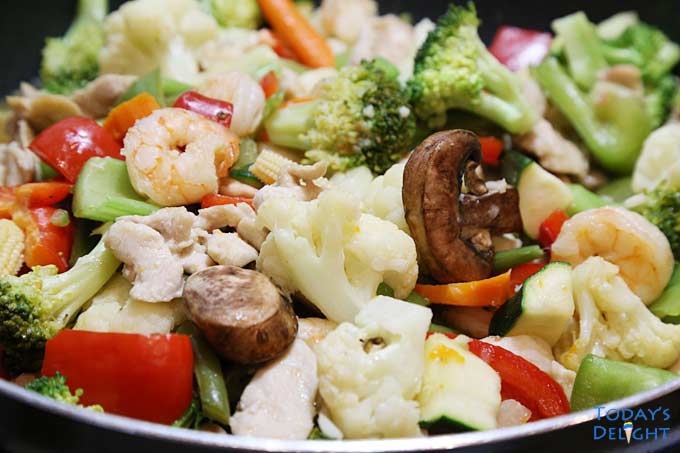 Cooked Chicken Chop Suey with Shrimp Stir-Fry in skillet.