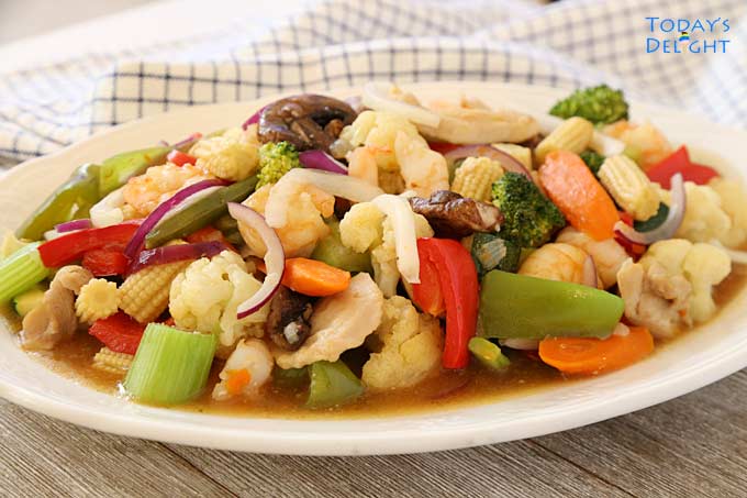 Chicken Chop Suey with Shrimp Stir-Fry in platter.