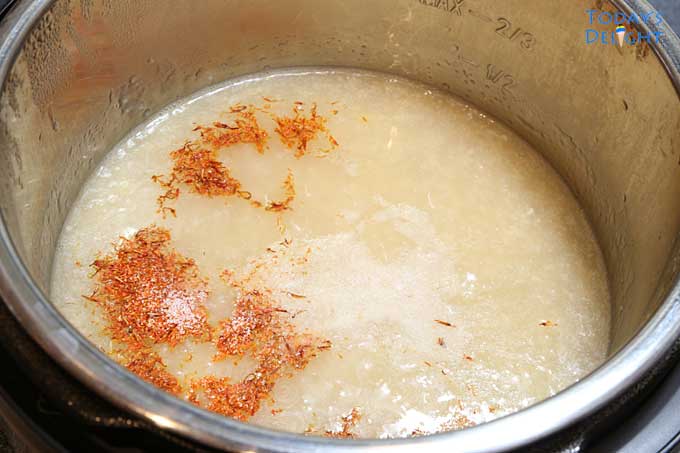 Safflower (kasubha) is added to Goto Instant Pot for color.