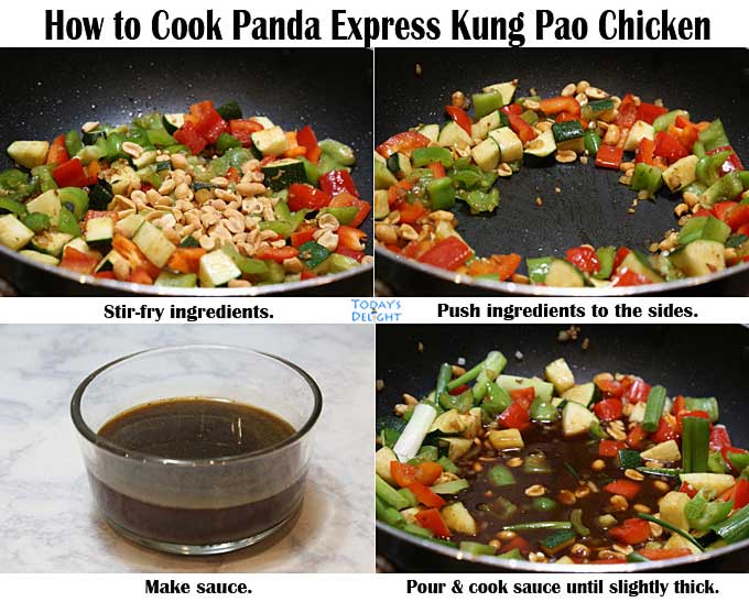 Stir-frying vegetables and adding Kung Pao Chicken Sauce.