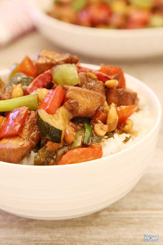 Panda Express Kung Pao Chicken Recipe (Copycat) in a bowl of jasmine rice.