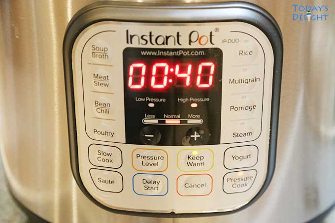 Instant Pot set to Pressure Cook for 40 minutes.