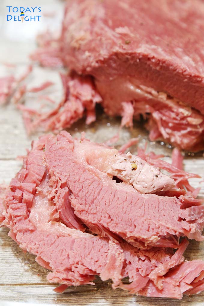 Sliced corned beef is moist and tender.
