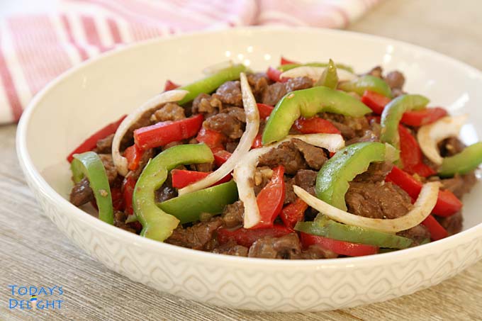 Delicious Shredded Beef with Worcestershire Sauce in serving platter.