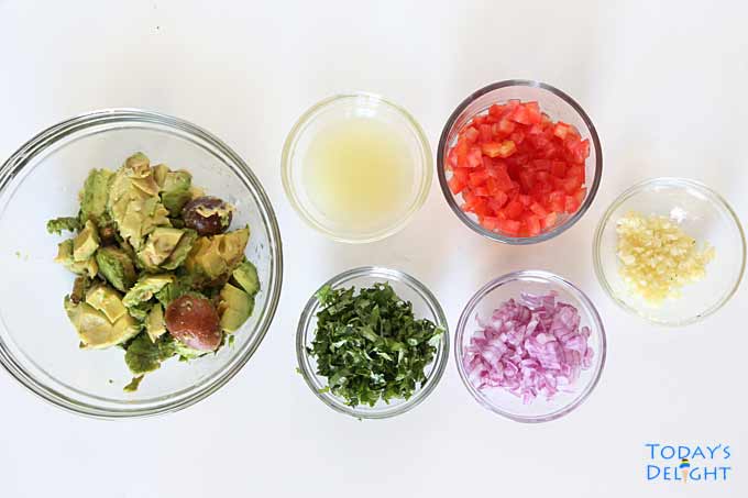 Chopped ingredients for guacamole recipe.
