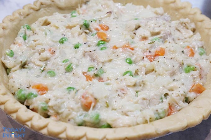 Bottom pie crust with turkey vegetable filling.