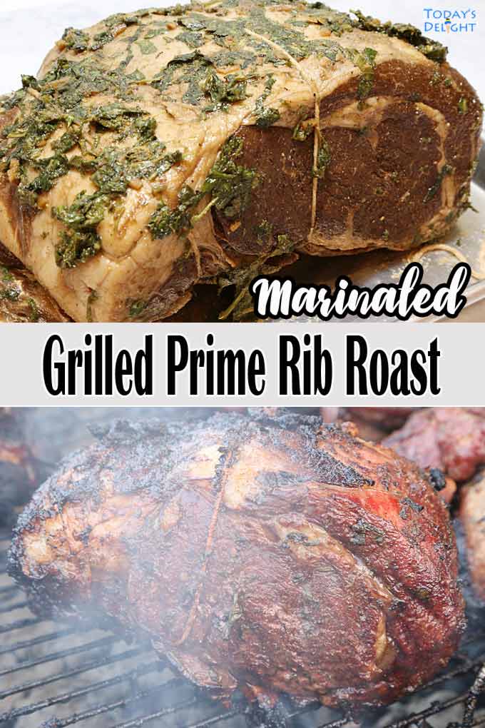 Tied marinated raw prime rib on a tray and prime rib roast on charcoal grill.